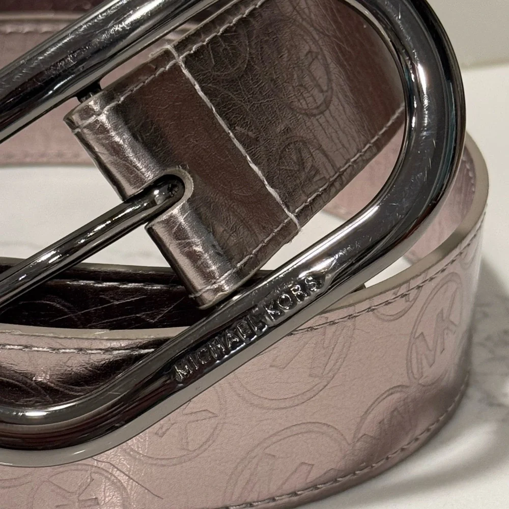 Michael Kors Silver Metallic Belt with Classic Large Oval Buckle